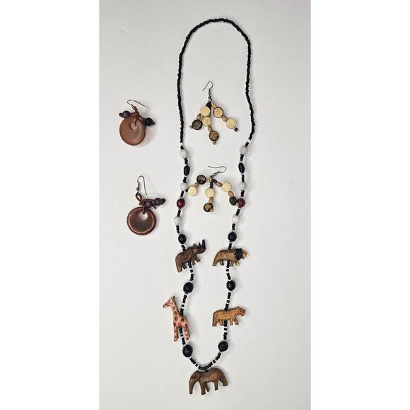 Bundle Wooden Carved African Animals NECKLACE EARRINGS Costume Jewelry Lot Gift - Picture 2 of 5